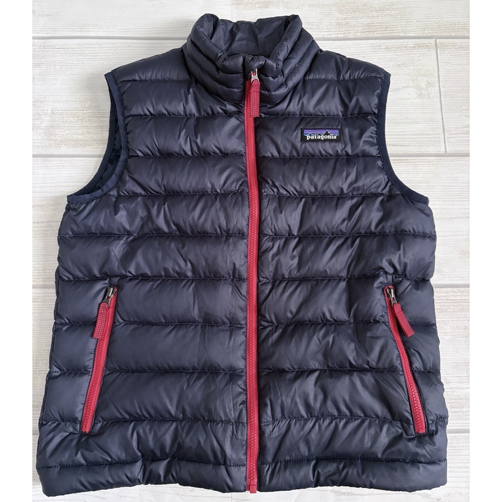 Patagonia Boys Unisex Down Sweater Vest S 7-8 Navy/Red Puffer 600 Fill